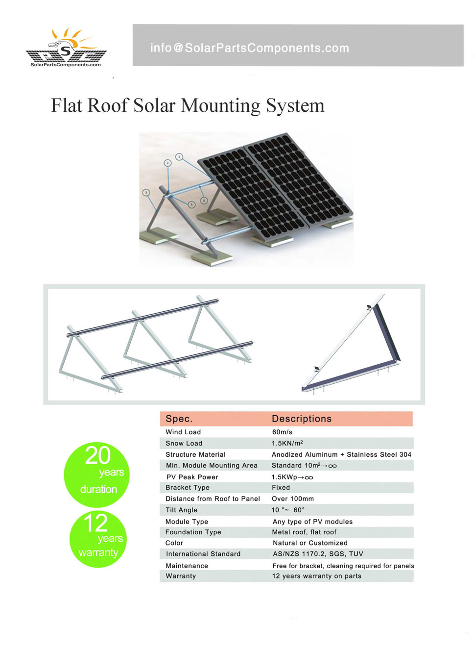 Solar Mounting System for Flat Roof Fixed Angle