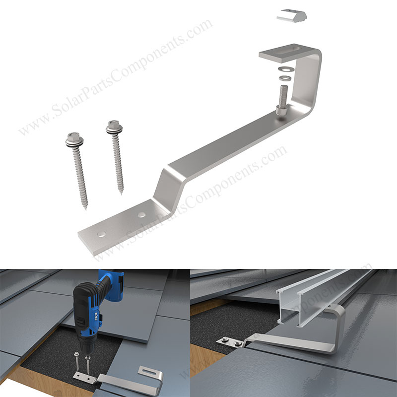 Solar Flat Tile Roof Hooks , Non-adjustable for Bottom Mounting Rails