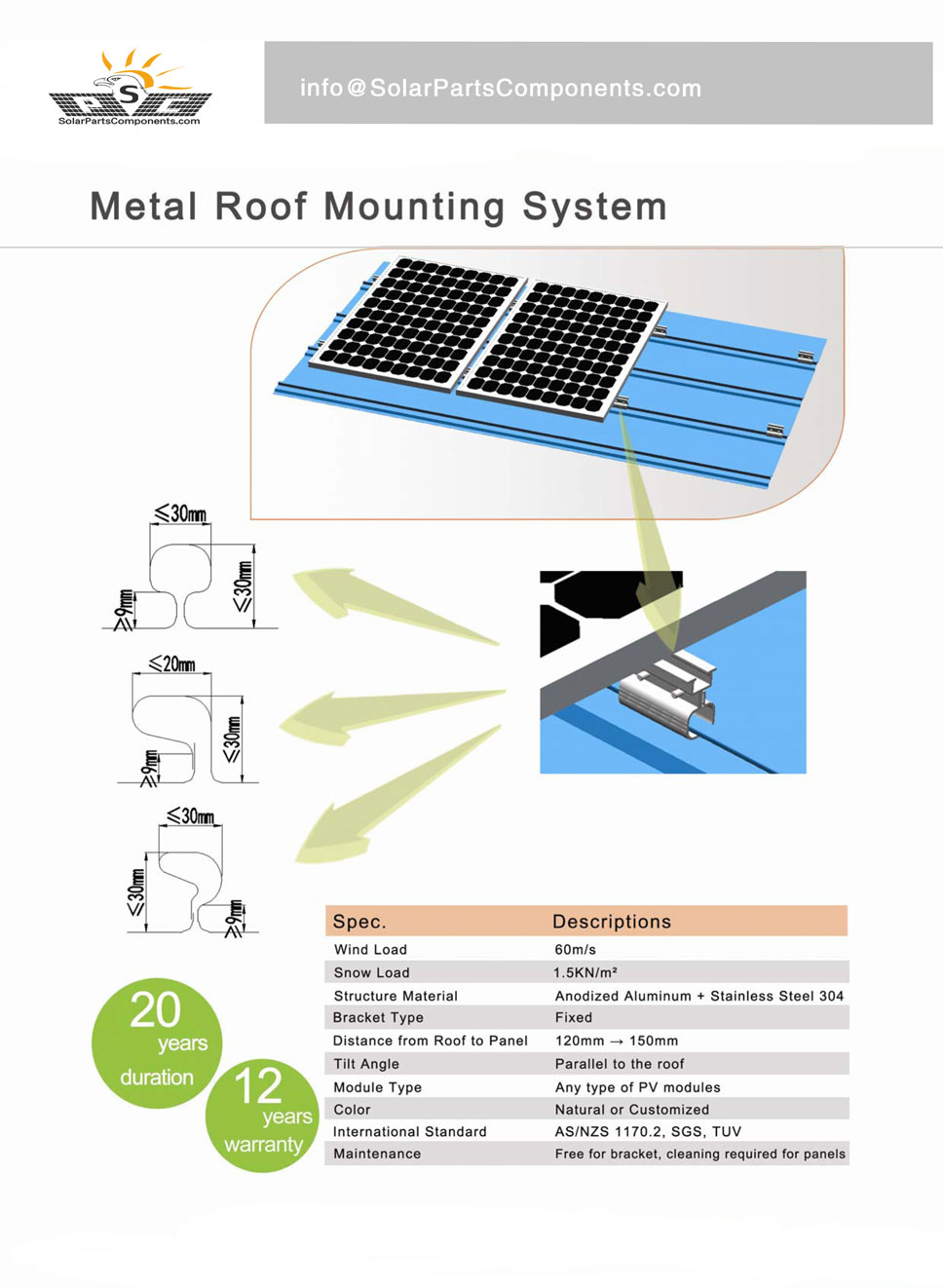 Metal Roof Mounting System with Brackets and Clamps