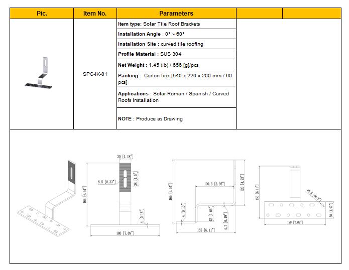 Solar Tile Roof Hooks SPC-IK-01 Parameters