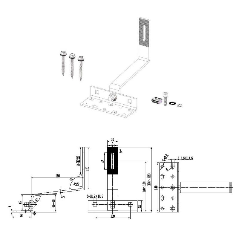 Solar Side Mounted Tile Roof Hook Adjustable Drawing