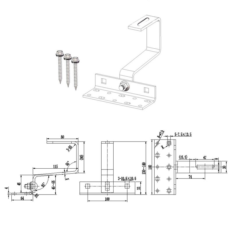 solar curved / flat tile roof hooks bottom mounted drawing