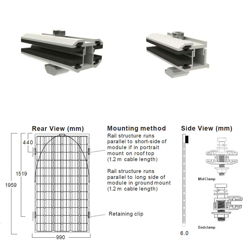 Frameless PV module mid end clamps