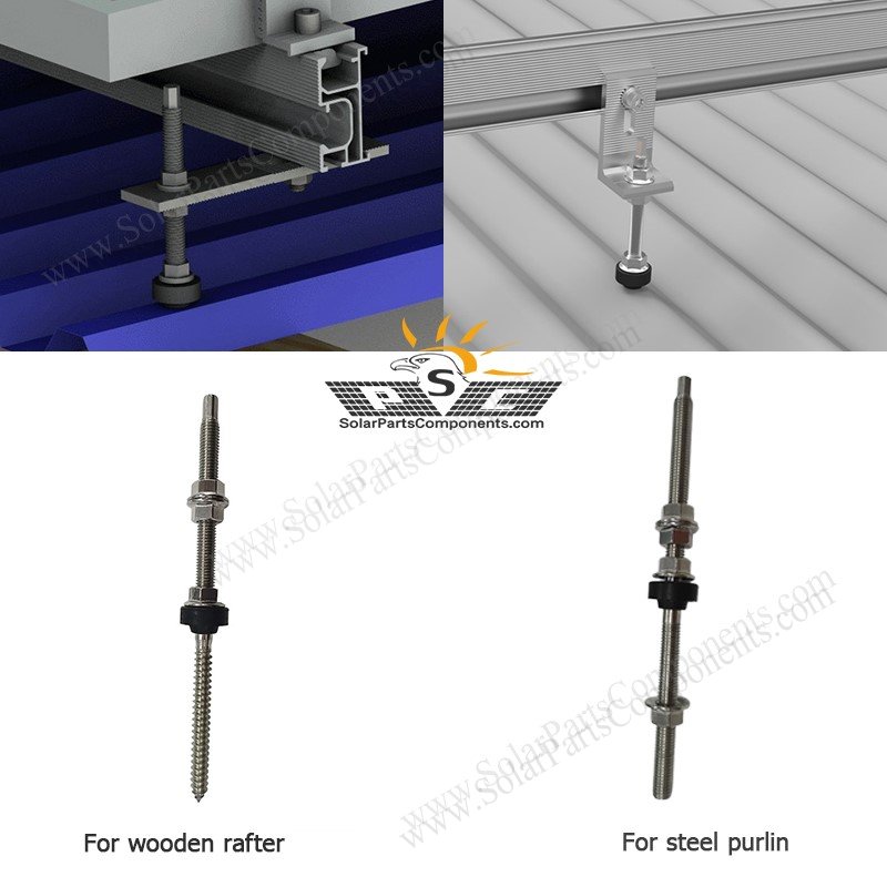 Solar hanger bolt - pointed head & flat head. It is designed for solar metal roof mounting system. Can be used for wooden rafter & steel purlin. Features - Corrosion resistance, SUS304 stainless material; - Strong waterproof, EPDM rubber washer to be a sealing; - High compatibility, is applied for both side mounting & flat mounting with rails; - Multiple selection, 200mm/250mm/30mm length for choice.