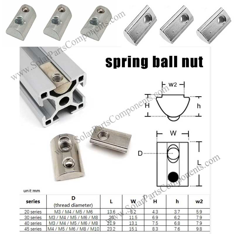 Solar sliding nut M8 with spring ball